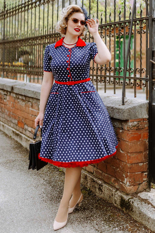 Penelope Navy Blue Polka Dot Rockabilly Shirt Dress