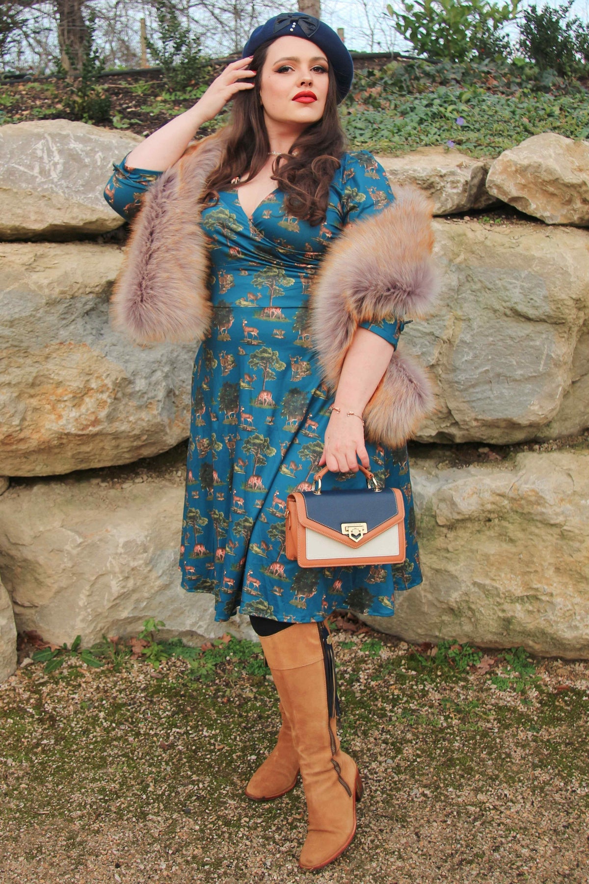 Katherine Navy Deer Forest Long Sleeved Dress