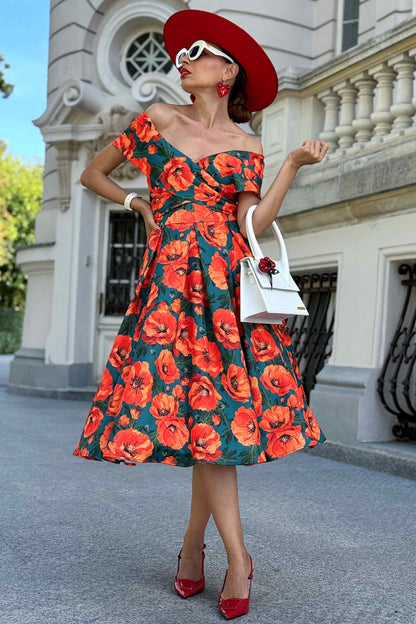 Beverly Orange Poppy Off Shoulder Dress In Green
