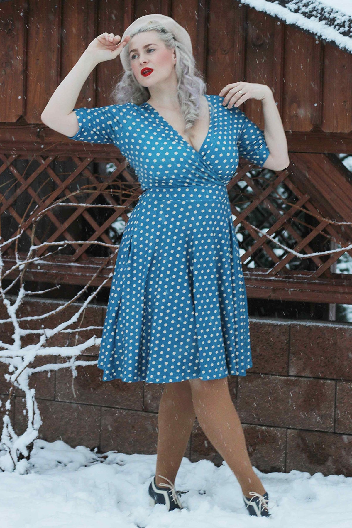 Matilda Peacock Blue & Cream Polka Dot Wrap Dress