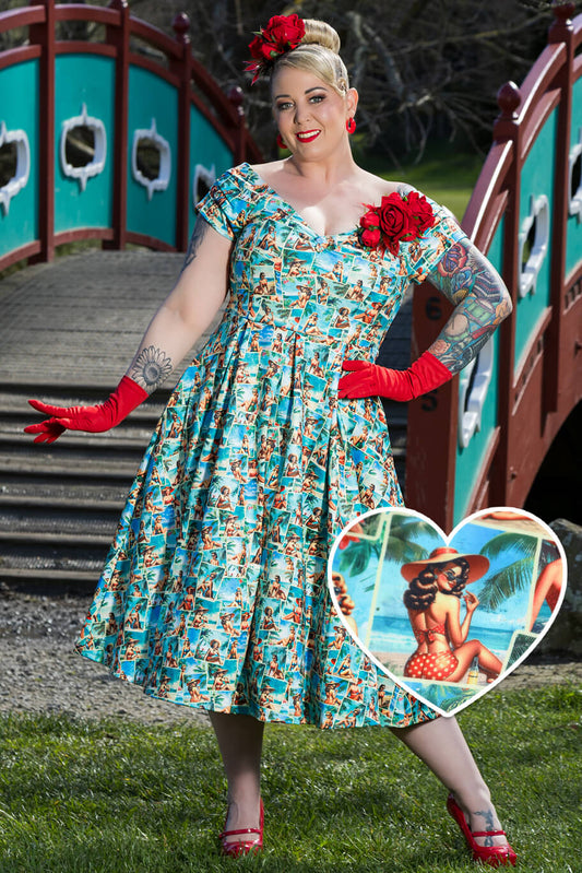 Lily Pinup Postcard Off Shoulder Dress