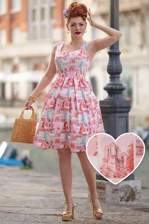 Amanda Postcard Print Swing Dress
