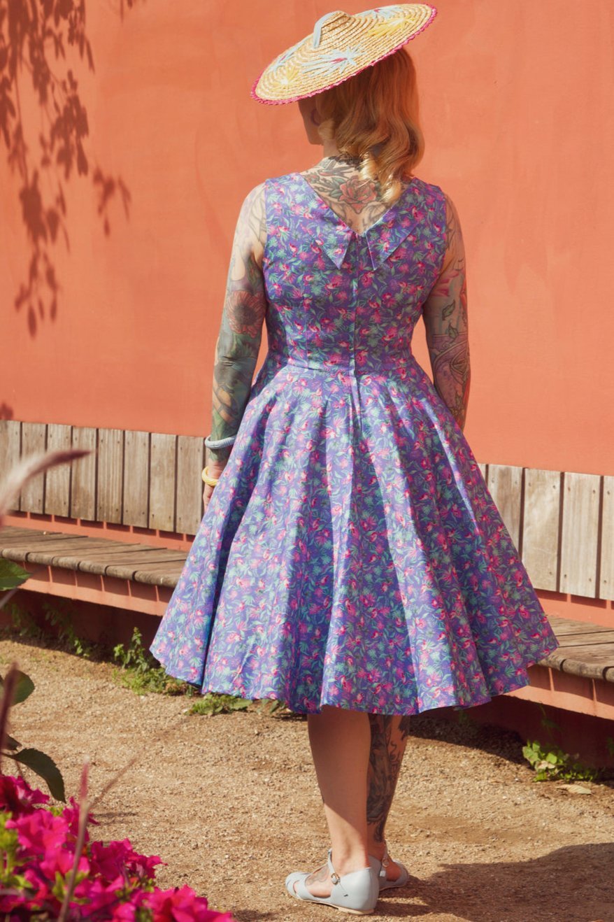Grace Purple Pleated Dress in Flamingo Leaf Print