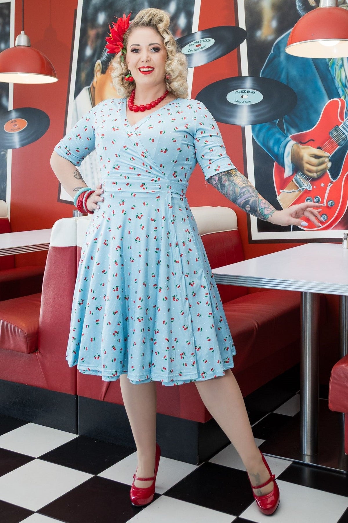 Matilda Red Cherry Blue Wrap Dress