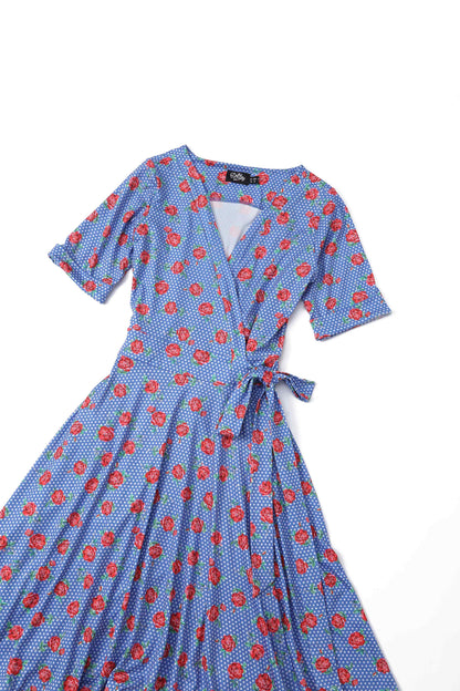 Matilda Red Rose Wrap Dress In Blue