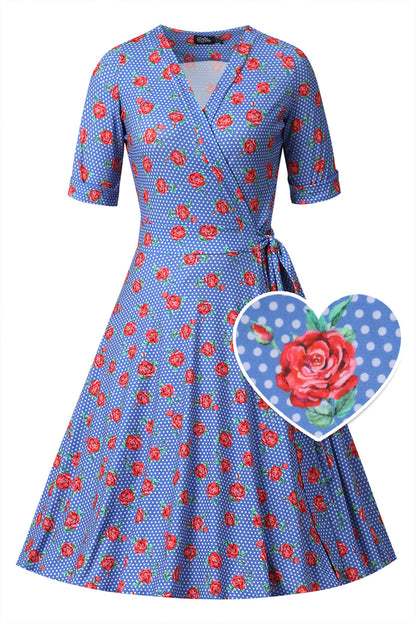 Matilda Red Rose Wrap Dress In Blue