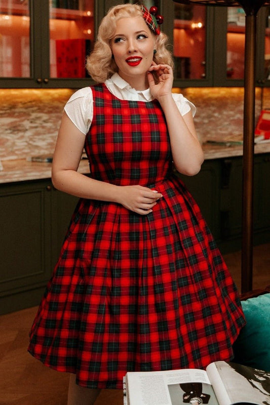 Annie Retro Check Swing Dress in Red-Blue