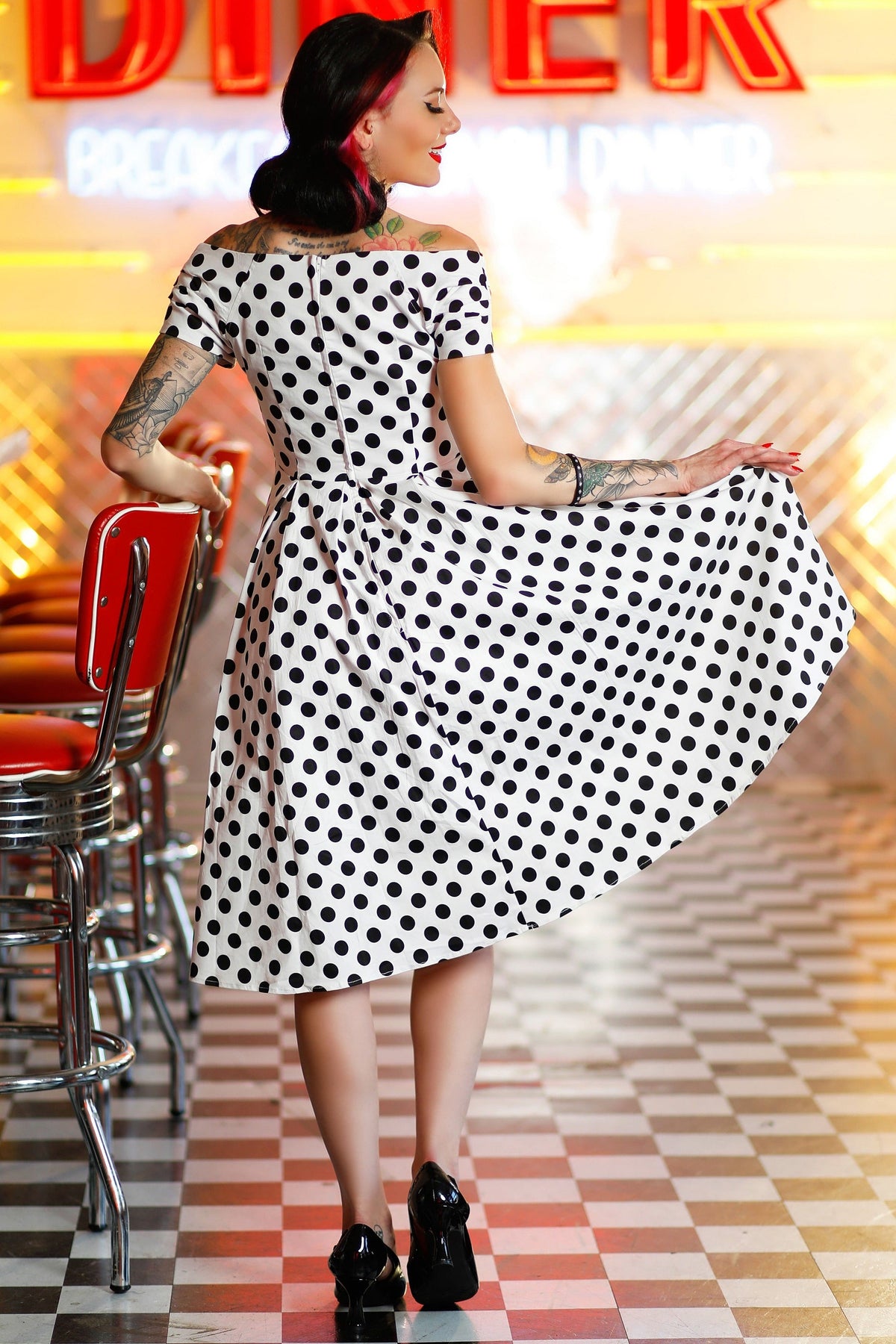 Lily Retro Off Shoulder White Polka Dot Swing Dress
