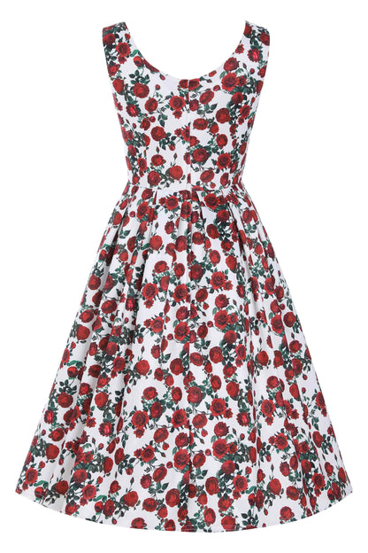 Amanda Retro Red Rose Dress In White