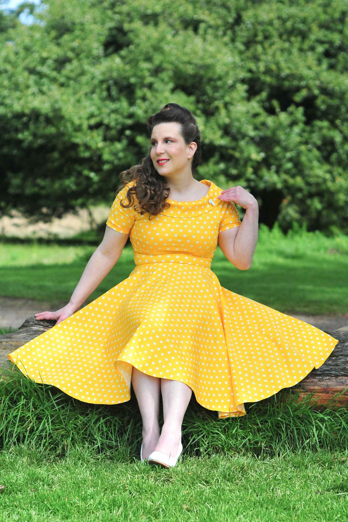 Darlene Retro Yellow Polka Dot Swing Dress