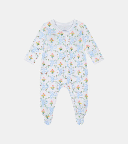 Roller Rabbit x Hill House Infant Zipper Footie - Blue Floral Monkey Trellis