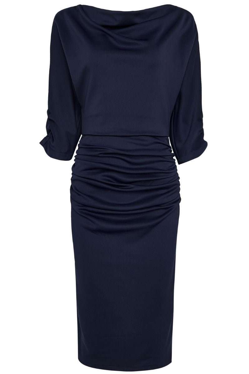 Diane Ruffled Waist & Long Sleeved Tight Wiggle Dress  Navy