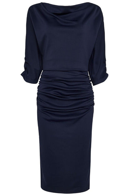 Diane Ruffled Waist & Long Sleeved Tight Wiggle Dress  Navy