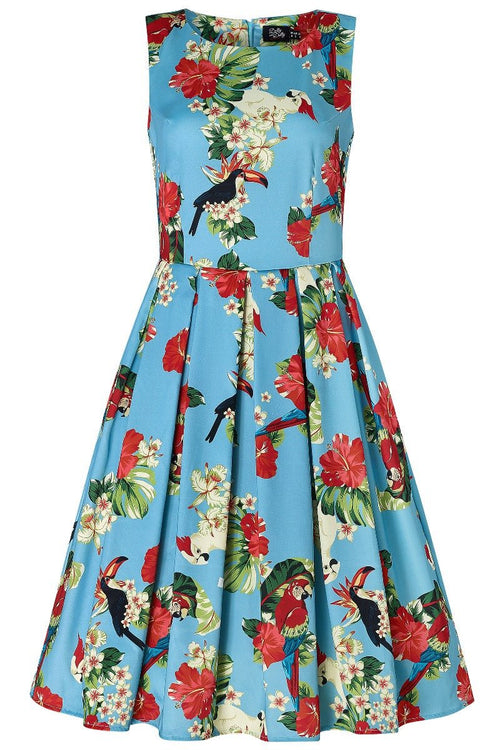 Annie Pecan, Parrot & Leaf Print 1950 Inspired Dress in Sky Blue with Pockets
