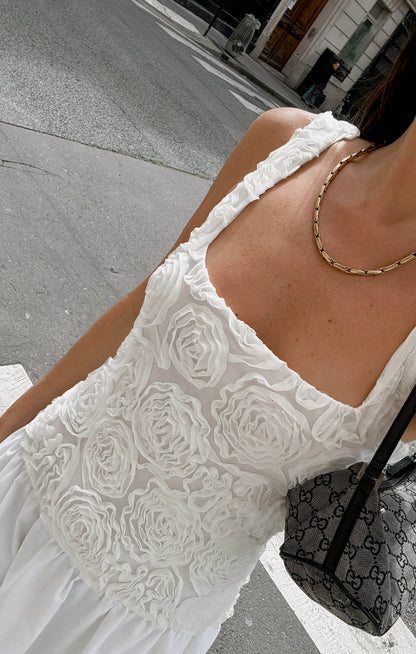 Bradshaw Maxi Dress ~ Rosette Mesh White