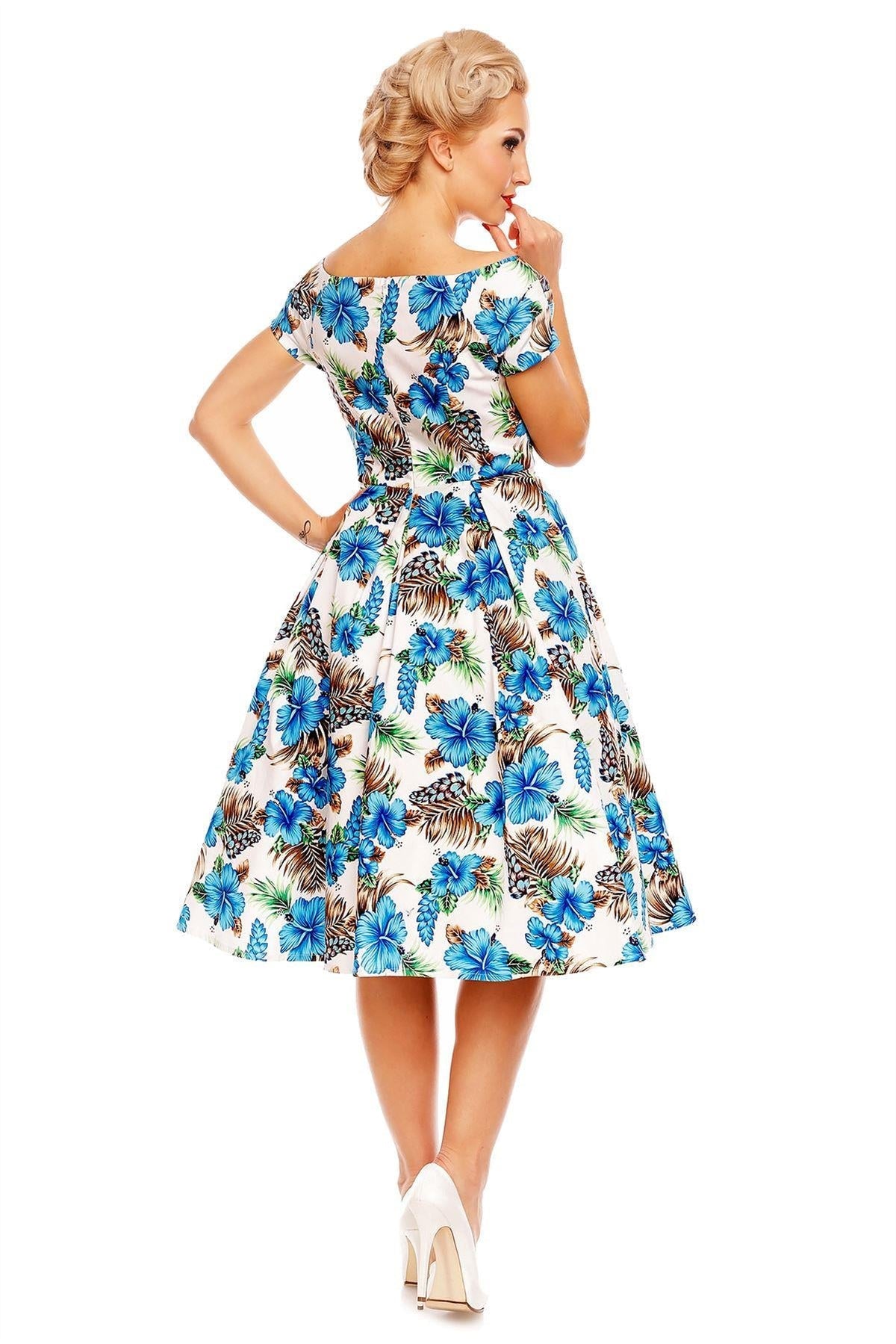 Lily Short Sleeved 50s Pleated Dress in White-Blue Orchid