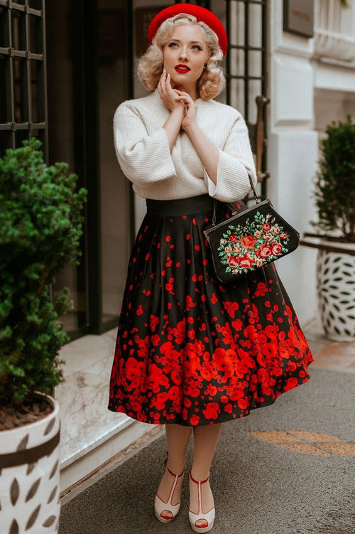Carolyn Box Pleat Skirt in Black with Raising Poppy