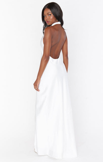 Jasmine Halter Maxi Dress ~ Ivory Luxe Satin