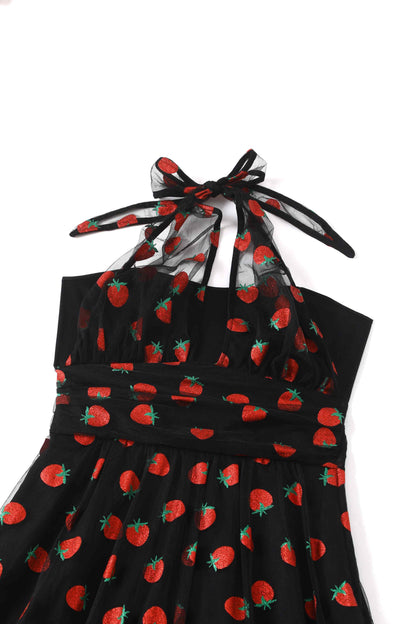 Dorothea Strawberry Black Mesh Halter Dress