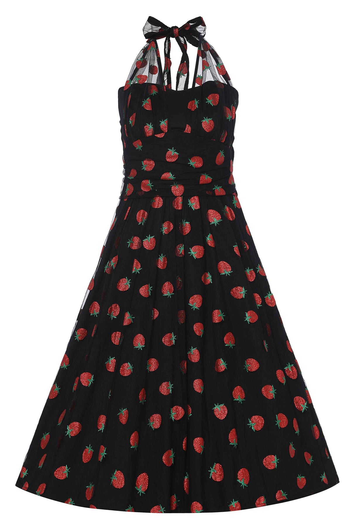 Dorothea Strawberry Black Mesh Halter Dress