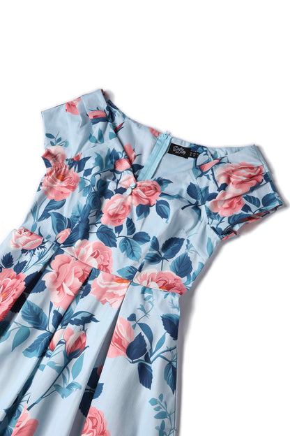 Lily Summer Rose Off Shoulder Dress In Light Blue
