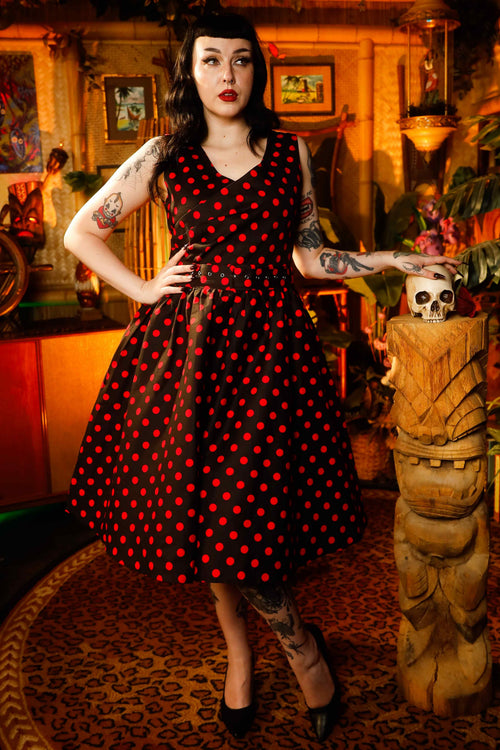 May V-neck 50s Style Spot Dress in Black-Red