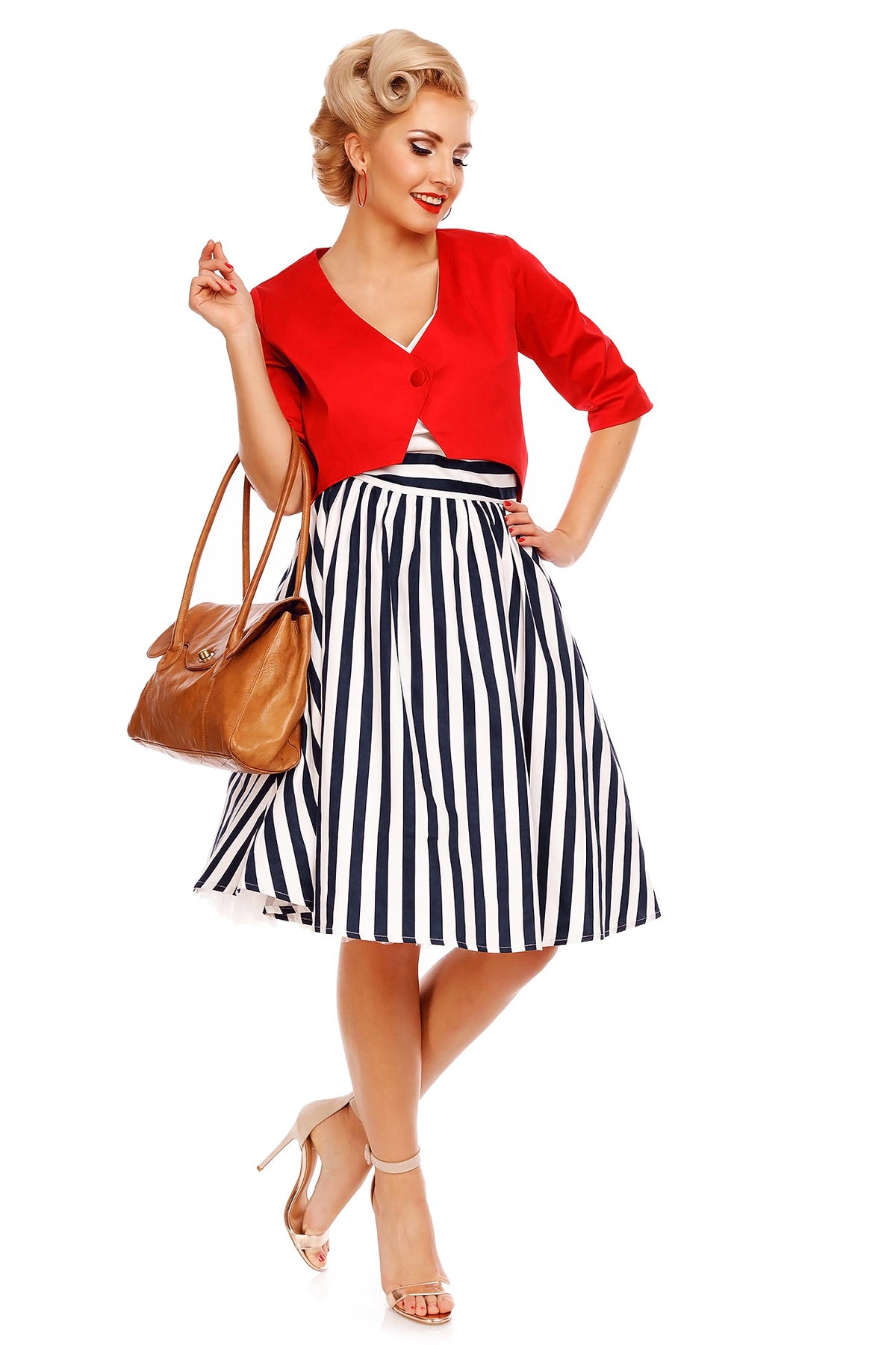 May V-neck 50s Style Swing Dress in White & Blue Striped
