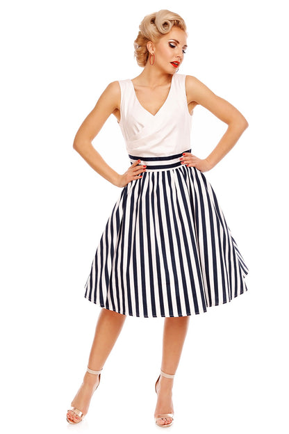 May V-neck 50s Style Swing Dress in White & Blue Striped