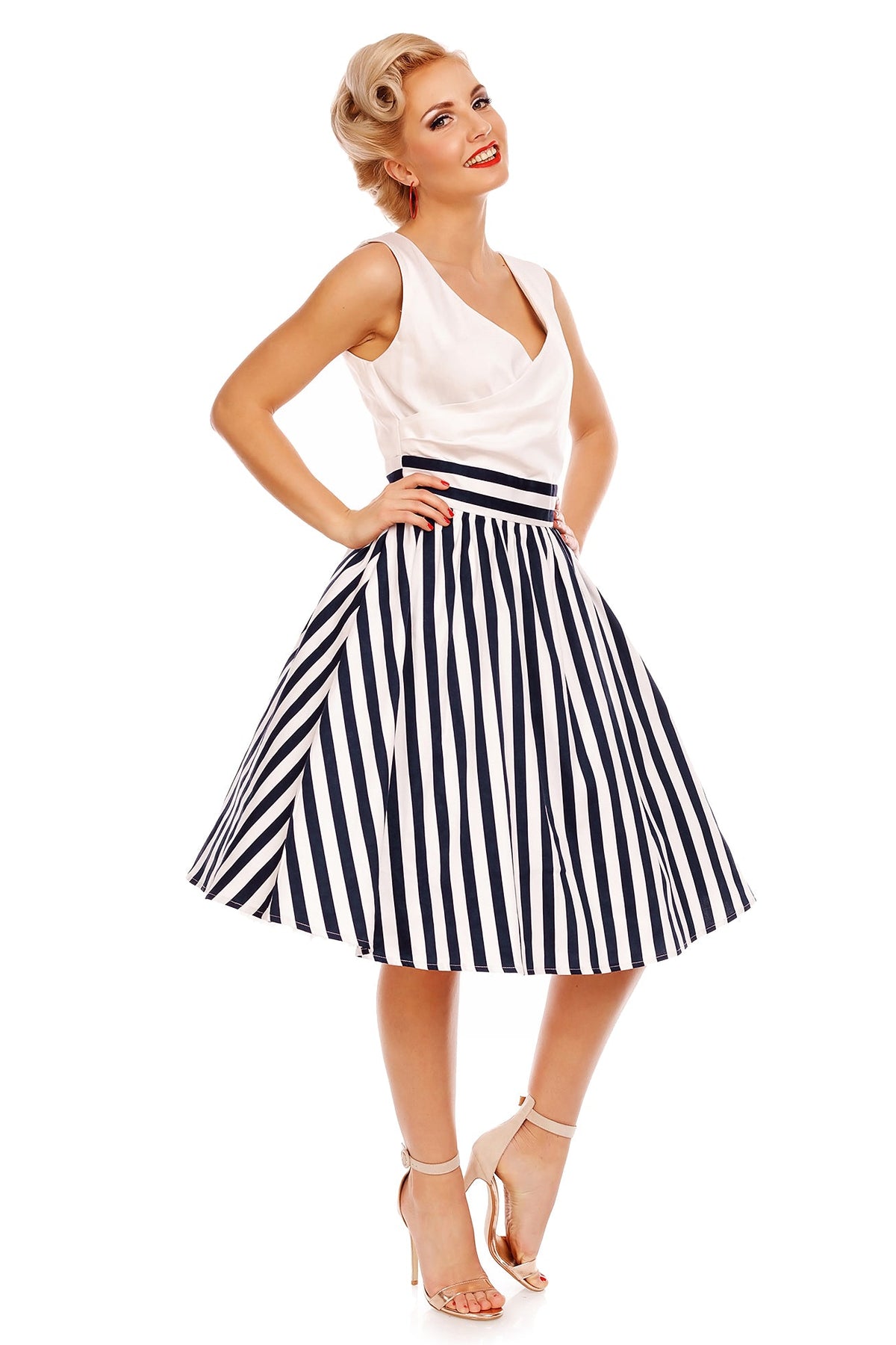 May V-neck 50s Style Swing Dress in White & Blue Striped