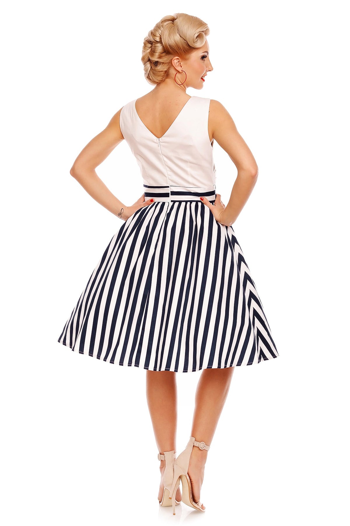 May V-neck 50s Style Swing Dress in White & Blue Striped