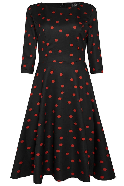Janet Classic Flared, Long-Sleeved Dress-Black & Red Polka
