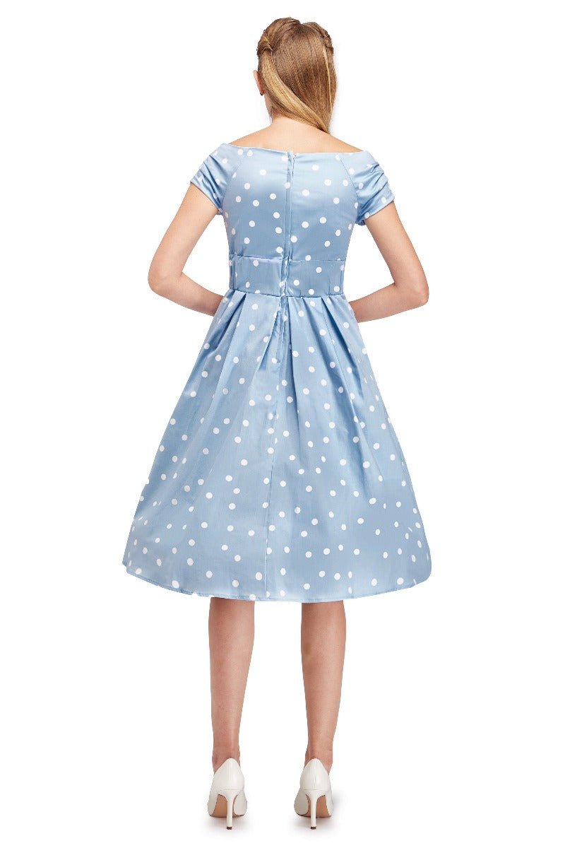 Lily Off-Shoulder Polka Dot Evening Dress in Baby Blue/White