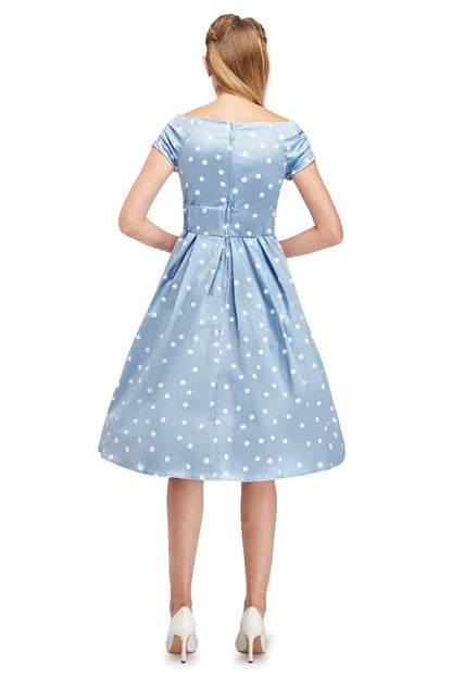 Lily Off-Shoulder Polka Dot Evening Dress in Baby Blue/White