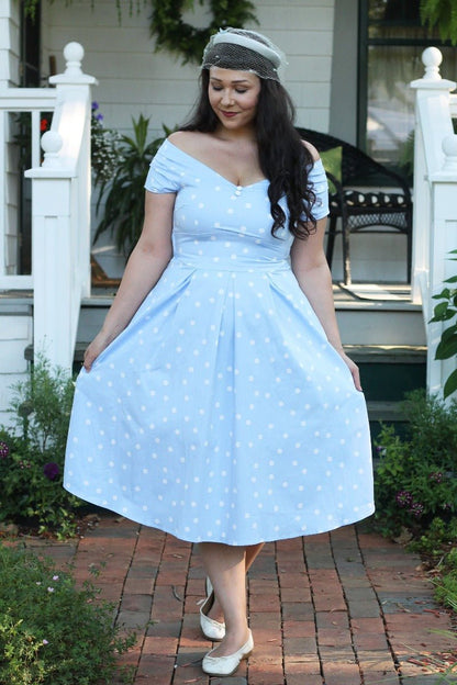 Lily Off-Shoulder Polka Dot Evening Dress in Baby Blue/White