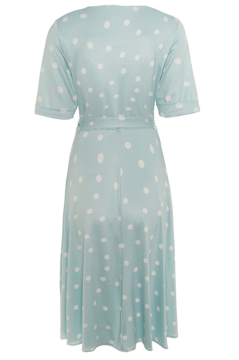 Matilda Retro Wrap Dress in Pale Blue-White Polka dots