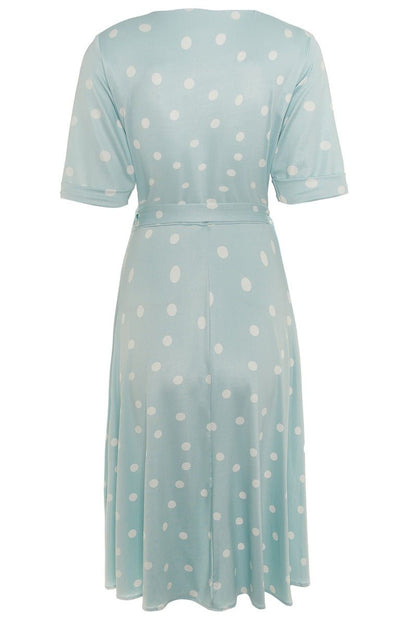 Matilda Retro Wrap Dress in Pale Blue-White Polka dots