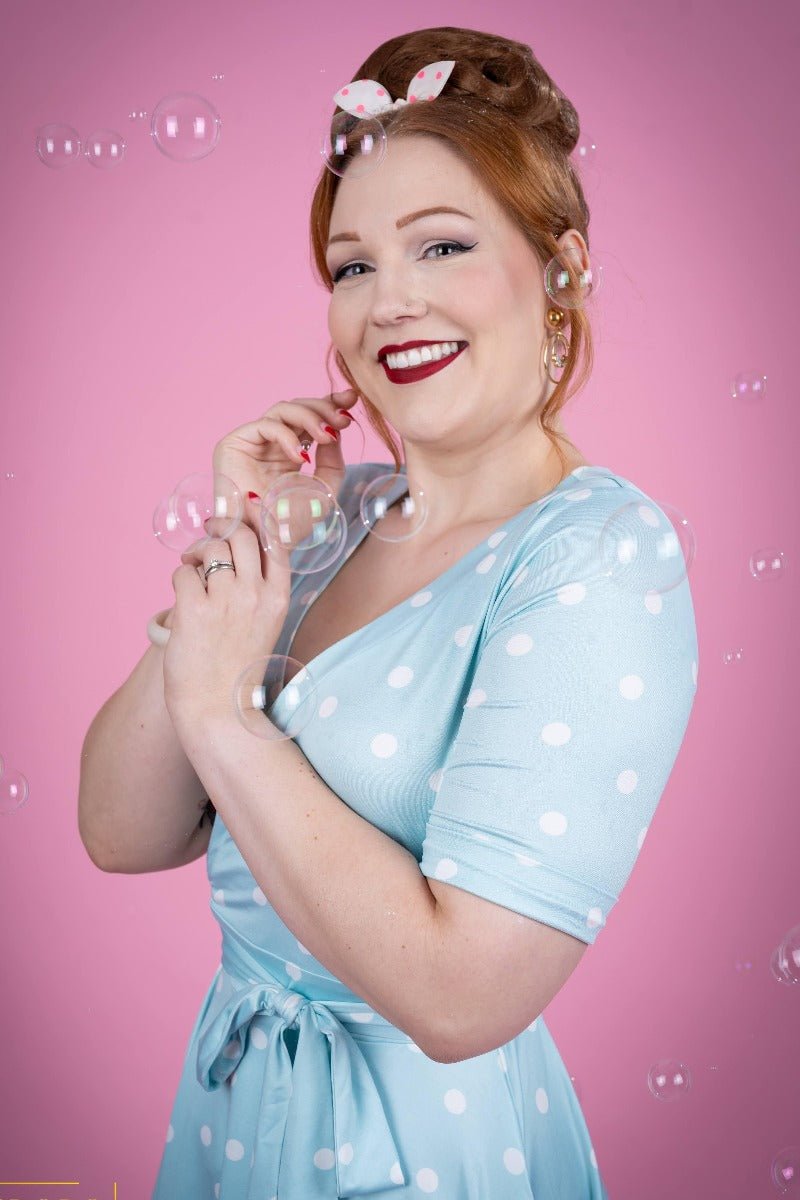 Matilda Retro Wrap Dress in Pale Blue-White Polka dots