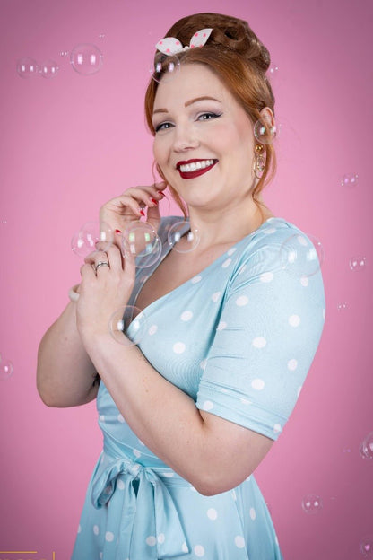 Matilda Retro Wrap Dress in Pale Blue-White Polka dots