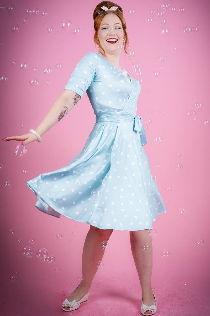 Matilda Retro Wrap Dress in Pale Blue-White Polka dots