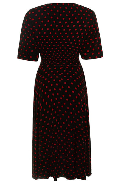Matilda Retro Wrap Dress in Black-Red Polka dot