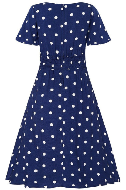 Janice Summer Tea Dress in Dark Blue/White Polka Dot Print