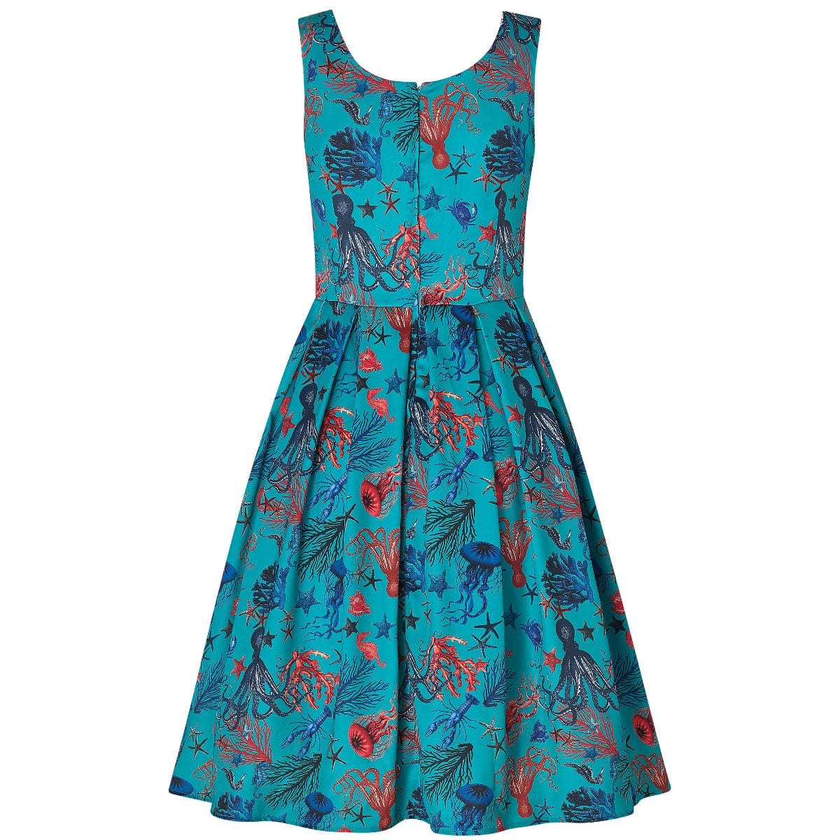 Amanda Aquarium Sea Life Print Flared Dress in Blue/Red