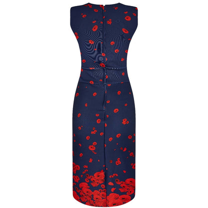 Emma Queen Anne Neckline Wiggle Dress Navy with Poppy Flowers
