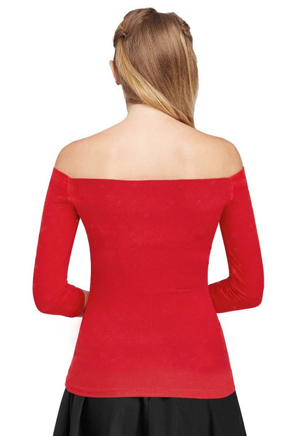 Gloria Off Shoulder Retro Plain Top in Burgundy Red