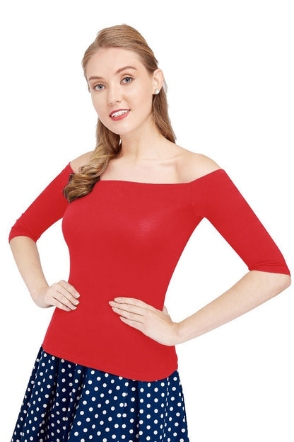 Gloria Off Shoulder Retro Plain Top in Burgundy Red