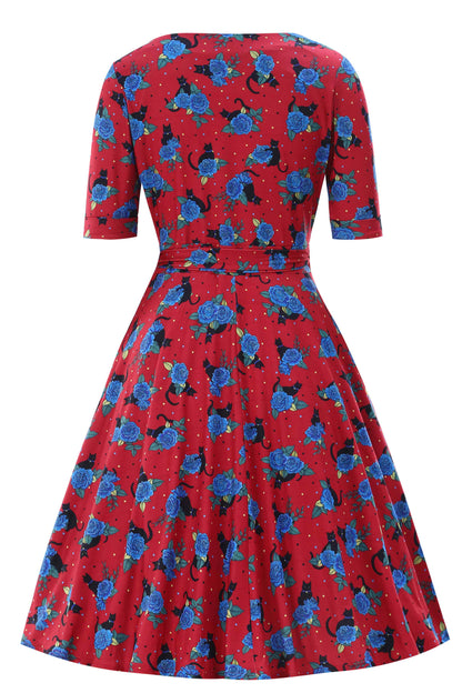 Matilda Vintage Black Cat & Rose  Wrap Dress In Red