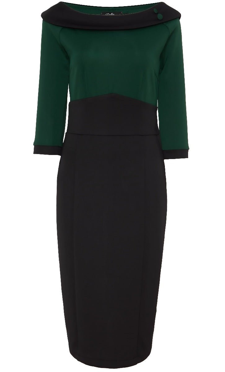 Denise Vintage Inspired Plain Wiggle Dress in Black & Green
