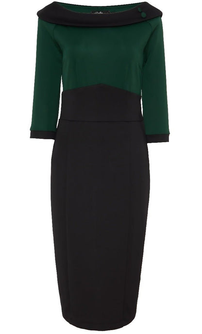 Denise Vintage Inspired Plain Wiggle Dress in Black & Green