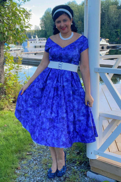 Lily Blue Watercolour Floral Off Shoulder Dress